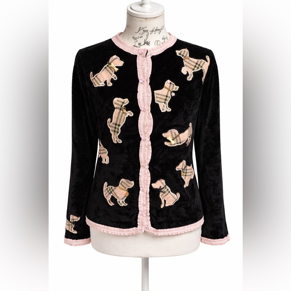 Rare ScottieDog AppliquéVelvet CardiganPink Ruffle TrimNoveltyBoutiqueSweaterY2K